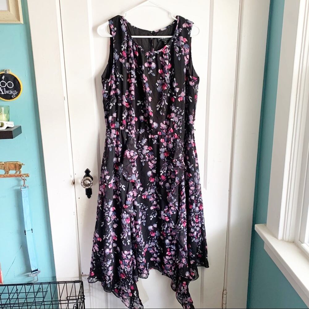 Lane Bryant Floral Dress Handkerchief Hemline Ruffle Black Feminine Romantic 14